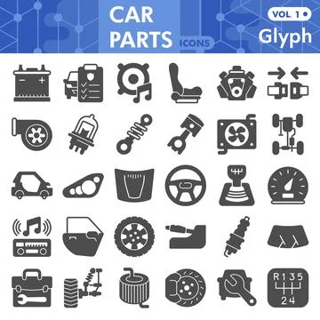 Car parts solid icon set, repair and service symbols collection or sketches Stock Illustration