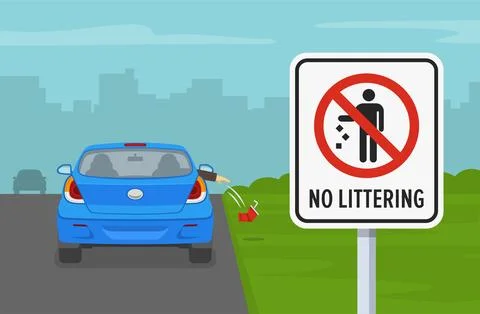 Car passenger throwing an empty glass on road. No littering sign. Stock Illustration