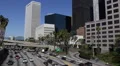 Car Passing Harbor US Freeway Los Angeles LA Downtown Skyline Financial District HD Footage