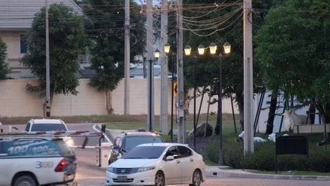 Car passing through automatic barrier at the entrance of private village Video stock 113383578