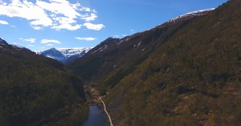 Car Passing Through Mountains And Lakes Fjords Aerial Norway 4k Stock Footage 84721206