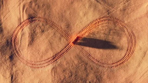 A car performs drifting in the desert drawing infinity sign with tire tracks Video stock 125980767