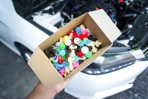 Car plastic clips or plastic fasteners with colorful in paper box for car Stock Photos