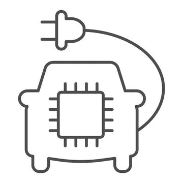 Car with plug and processor chip thin line icon, electric car concept, Car Stock Illustration