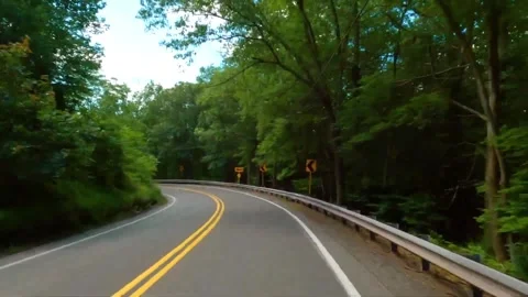 Car point of view driving along winding asphalt road surrounded by green forest Stock Footage 342943137