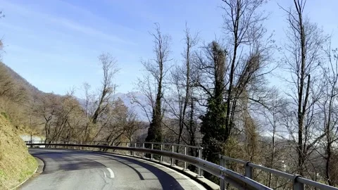 Car Point of View on Mountain Road with Bare Tree in a Sunny Day Stockbeeldmateriaal 235427517