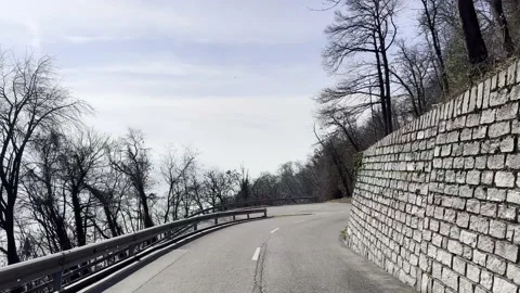 Car Point of View on Mountain Road with Bare Tree in a Sunny Day Stockbeeldmateriaal 236085945