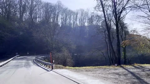 Car Point of View on Mountain Road with Bare Tree in a Sunny Day Stockbeeldmateriaal 236085966