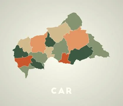 CAR poster in retro style. Map of the country with regions in autumn color .. 스톡 일러스트