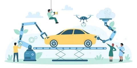 Car production in factory, automatic assembly of automobile on conveyor by tiny Illustrazione stock
