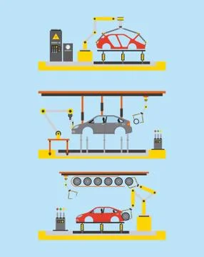 Car production plant process step automatic robot works Stock Illustration