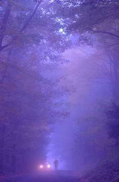 Car pulled over on a foggy evening in Hanover New Hampshire Stock Photos