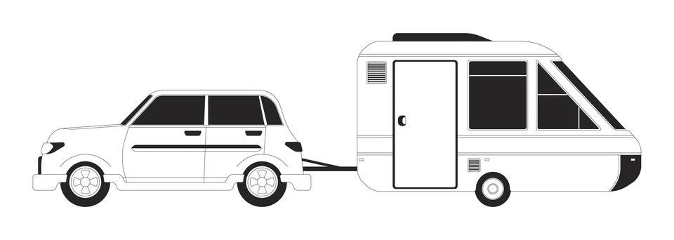 Car pulling trailer black and white 2D line cartoon object 스톡 일러스트