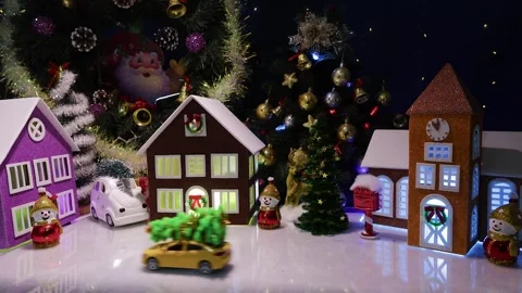 The car pulls up to a small Christmas town Video stock 316741752