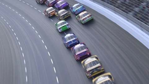 "Car race. High angle camera zooming in and passing through one of the cars." Stock Footage 97888911