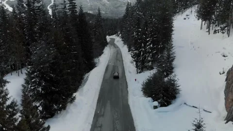 Car racing down winter road and forest with snow covered trees beautiful winter Stock Footage 149536337