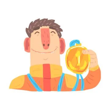 Car racing driver man in an orange uniform holding golden medal, racing Stock Illustration