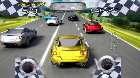 Car racing video game screen. 3D illustration Stock Illustration