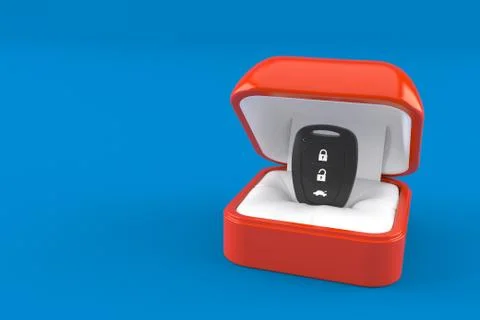 Car remote key inside engagement ring box Illustrazione stock