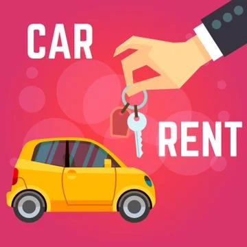 Car rent vector illustration. Flat-style yellow car, hand holding keys. Flat Stock Illustration
