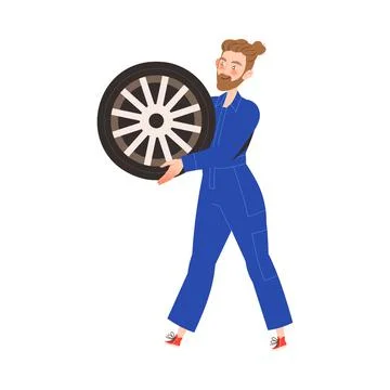Car Repair Service with Bearded Man Mechanic Carrying Auto Tyre Vector Stock Illustration