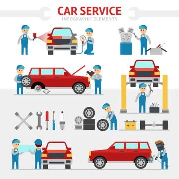 Car repair service flat vector illustration. Infographic elements. People 스톡 일러스트