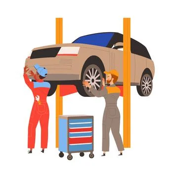 Car Repair Service with Man Mechanic Near Lifted Up Auto Vector Illustration Stock Illustration