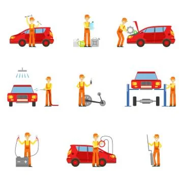 Car Repair Workshop Services Set Of Illustrations Stock Illustration
