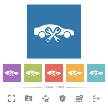 Car repair workshop solid flat white icons in square backgrounds Illustrazione stock