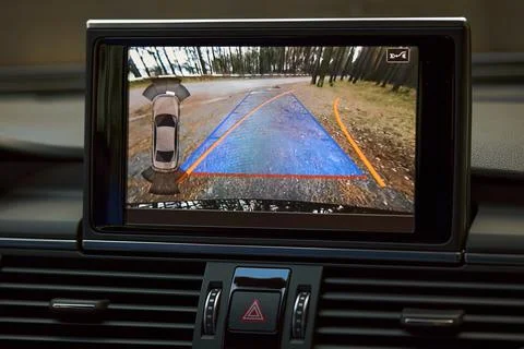 Car reverse parking sensor camera rearview monitor with dynamic trajectory Stock Photos