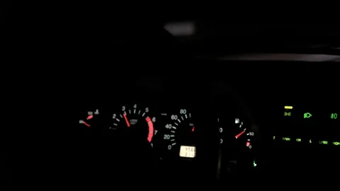 Car rides on the night road. Inside view. Dashboard, radio, DVR. Overtaking. Stock Footage 100844173