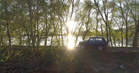 Car rides past the camera. Soviet and Russian SUV Lada Niva Stock Footage 90980045