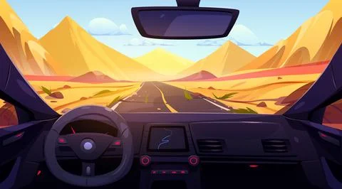 Car road in desert inside driver cockpit view Illustrazione stock