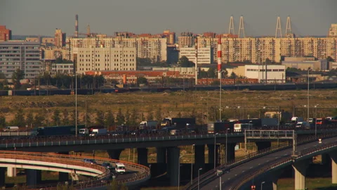 On the car road a large traffic jam, on the next track the traffic is free Stock Footage 92206962