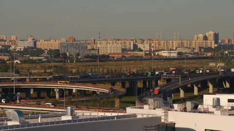 On the car road a large traffic jam, on the next track the traffic is free Stock Footage 92234488