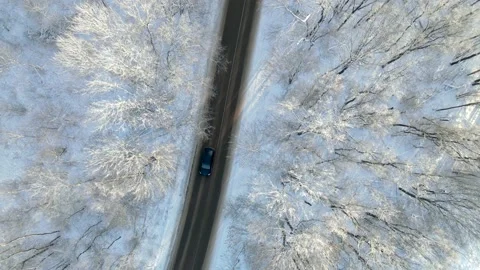 Car on the road surrounded by winter forest. Aerial top view Video stock 223551402
