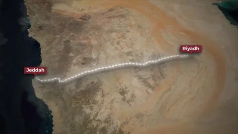 Car Route from Riyadh to Jeddah with Satellite Map Background Stock Footage 341824856