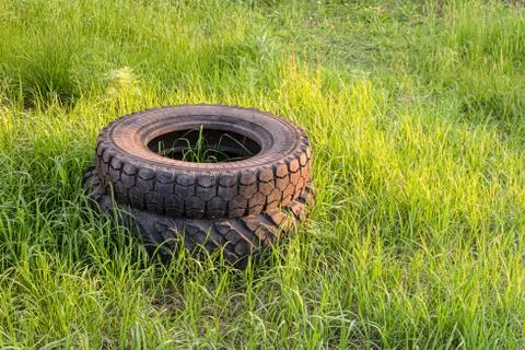 Car rubber tires thrown into a stack on green grass Stock Photos
