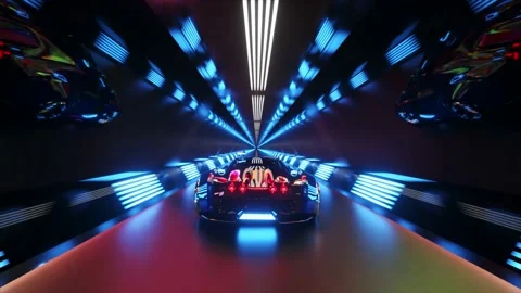 The car rushes at high speed through an endless neon technology tunnel Stock Footage