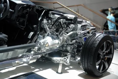 Car sectioned. The internal structure of the car. Engine V6 biturbo, gearbox  Stock Photos