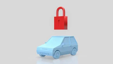 Car Security Concept With Red Padlock Above Vehicle 3d render. Ilustração Stock