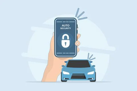 Car security system concept. Car alarm application on the phone screen. Stock Illustration