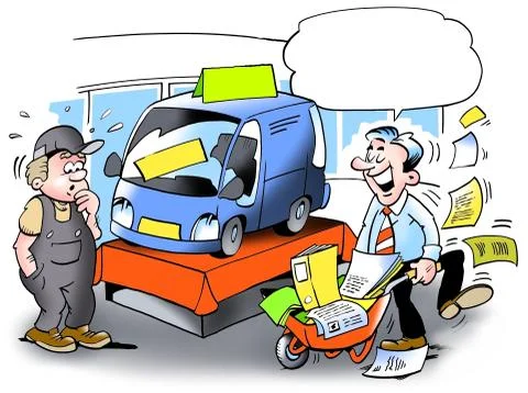 A car seller with a wheelbarrow full of documents papers Stock Illustration