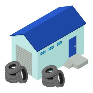 Car service icon isometric vector. Automobile tire near utility building icon Ilustración de archivo
