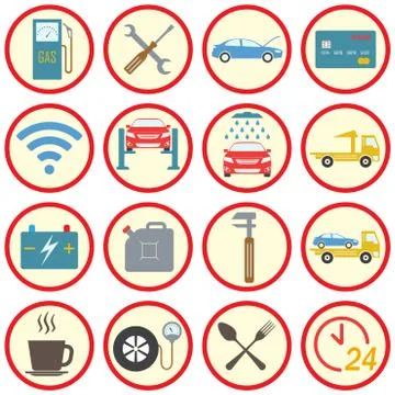 Car service icon set in flat design. Vehicle maintenance and repair. Stock Illustration