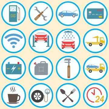 Car service icon set in flat design. Vehicle maintenance and repair. Illustrazione stock