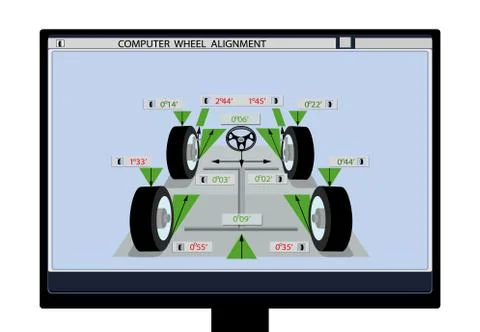Car service. An image of a car schematic with sensors on wheels on a computer Stock Illustration