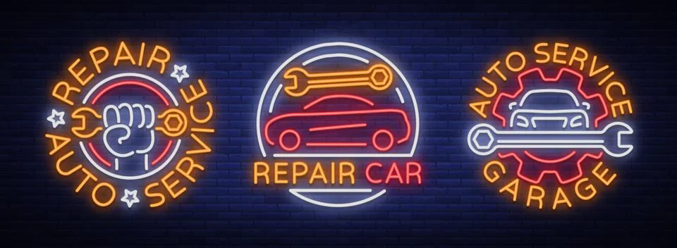 Car service repairs a set of vector logos, a neon sign emblem. Vector Stock Illustration