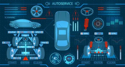 Car service. Scanning. Diagnostic alignment of the wheels. Check of shock-abs Stock Illustration
