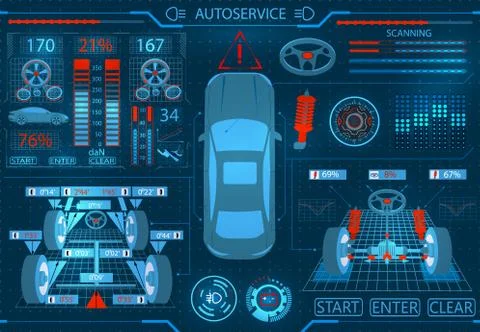 Car service. Scanning. Graphical interface. Diagnostic alignment of the wheel Illustrazione stock